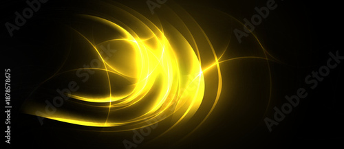Bright yellow curves radiate from center. Dark background emphasizes glowing lines, creating dynamic visual effect. Smooth gradients present energy.