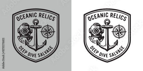 Oceanic Relics Deep Dive Salvage Badge with Vintage Diving Helmet, Anchor, and Compass Rose Navigation