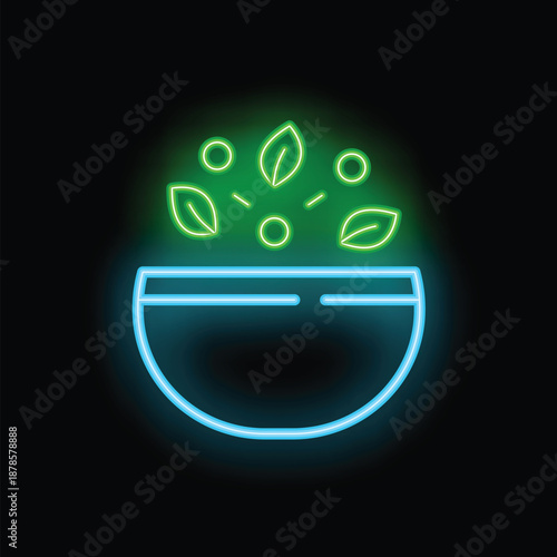 Bright neon icon of herbs or spices falling into bowl, representing cooking, food and flavoring