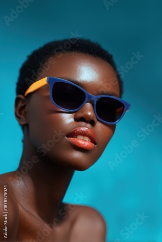 Attractive young black woman fashion model posing, wearing vibrant blue and orange sunglasses, a stylish accessory for summer, looking confident and trendy