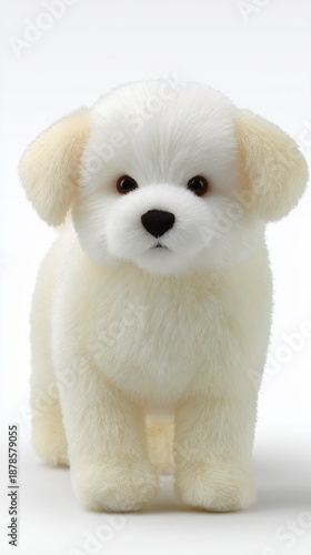 White fluffy toy puppy standing looking forward, embodying innocence and charming cuteness, a delightful companion for themes of pets, childhood, and joy