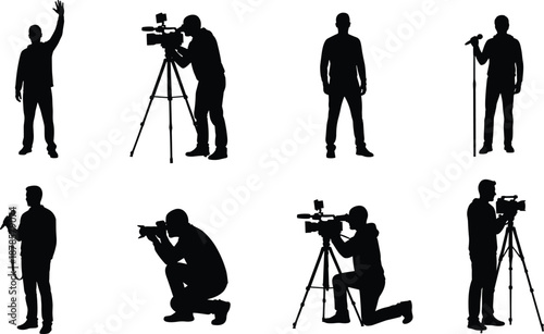 Black silhouette collection of people filming with cameras, taking photos, and speaking into microphones, representing media production, photography, and broadcasting role