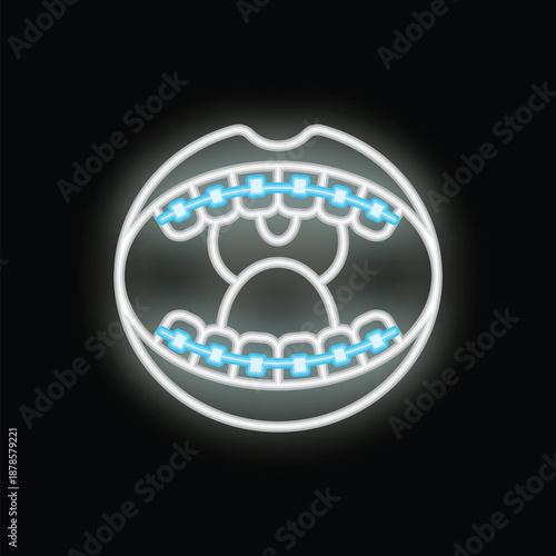 Neon sign illuminating a mouth with braces on the teeth