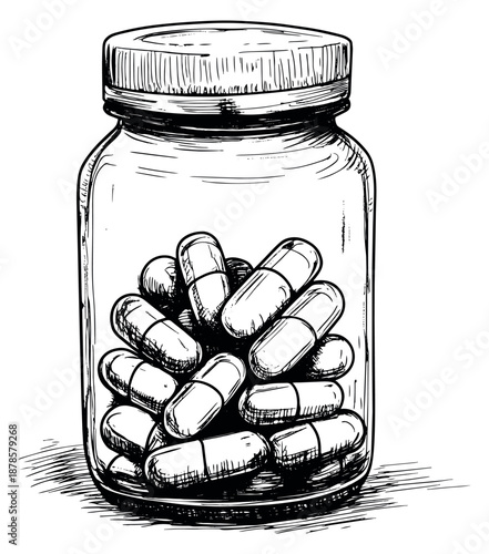 Hand drawn line art illustration of a medicine bottle depicting capsules for medical and health concepts