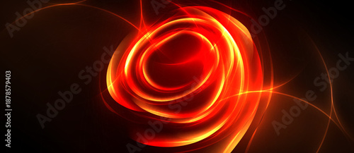 Bright red swirls dominate dark background. Abstract energy radiates from central point, creating dynamic visual effect.
