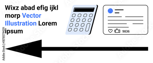 Business planning, financial analysis, online presence, communication, navigation, technology concepts. Features a calculator, social media card and bold arrow. Business planning and financial