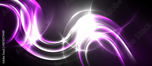 Abstract energy flows, vibrant purple hues, bright white center. Dynamic curves suggest movement, sleek design, dark background.