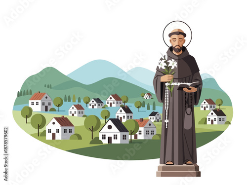 A saintly figure in brown robes holds lilies and a book near a village scene