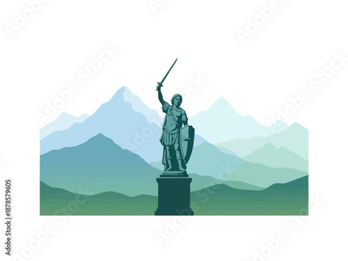 A tealtoned statue of a warrior holding a sword aloft against layered green and blue mountains