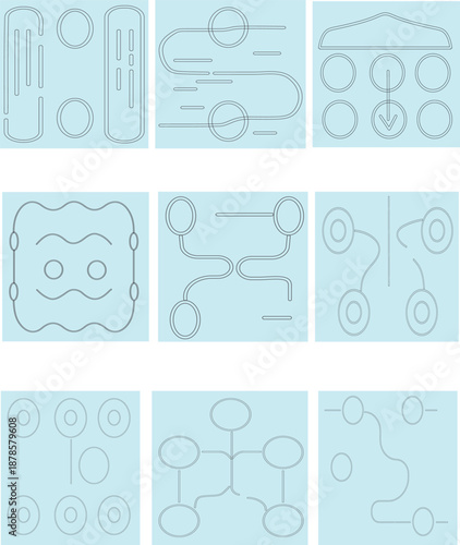 Outline icon set illustrating observability and system monitoring logic using abstract signal flow, aggregation, correlation paths, and monitoring loops for DevOps and IT systems.