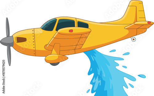 Firefighting airplane water drop illustration, aerial wildfire suppression aircraft, emergency response aviation vector, fire control operation isolated design graphic asset