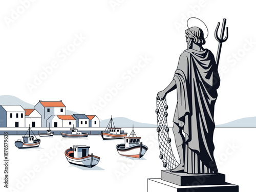 Gray statue of a saint holding a net and trident overlooks boats and seaside village