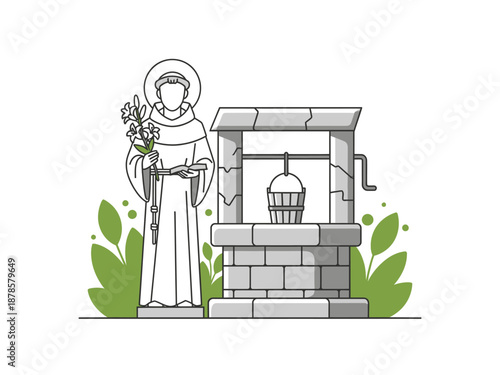 Illustration of a haloed friar holding lilies next to a stone well