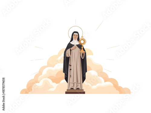 Illustration of a saintly nun holding a monstrance above peachtoned clouds