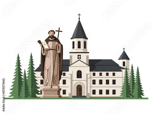 Illustration of a monk statue beside a lightcolored church building with dark roofs