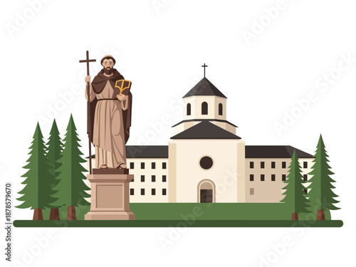 Illustration of a statue of a bearded monk with a cross and book before a lightcolored church