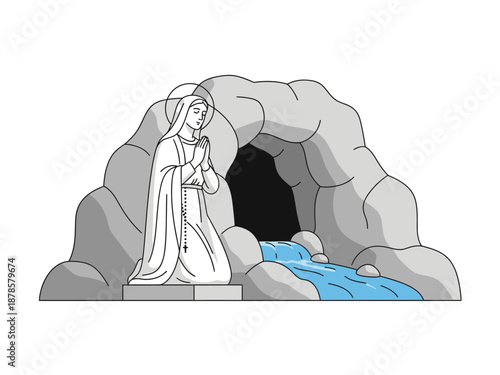 Illustration of the Virgin Mary statue at the Grotto of Lourdes with a stream