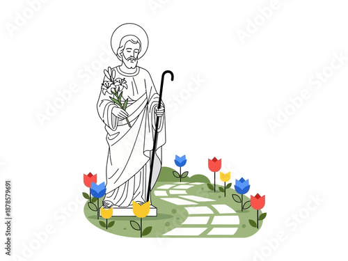 Outline drawing of St Joseph statue holding lilies and a staff near a stepping stone path and tulips