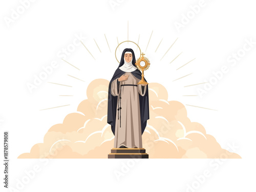 Stylized depiction of a nun holding a monstrance amidst golden rays and clouds