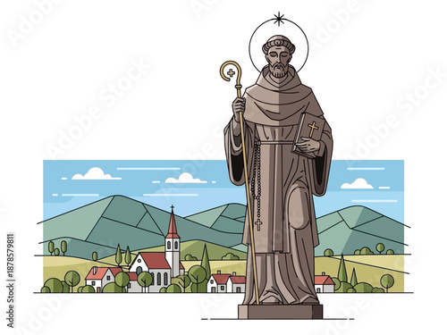 Stone statue of a robed saint with a crozier and book before a village