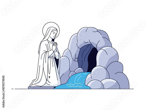 Stylized depiction of the Virgin Mary kneeling before a grotto with a spring