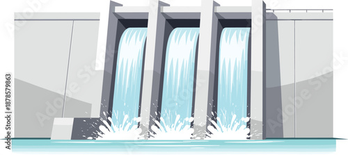 Hydroelectric dam illustration, renewable energy power station, water flow turbine generation, clean electricity concept, sustainable engineering infrastructure, eco friendly power