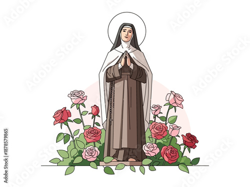 Stylized illustration of a nun with a halo standing among roses