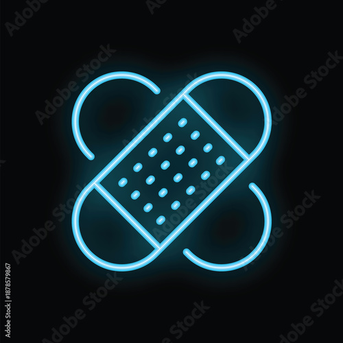 Blue neon icon of a band aid glowing against a dark background