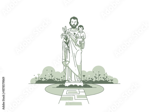 Stylized illustration of a statue of Saint Joseph holding the Christ Child in a garden setting