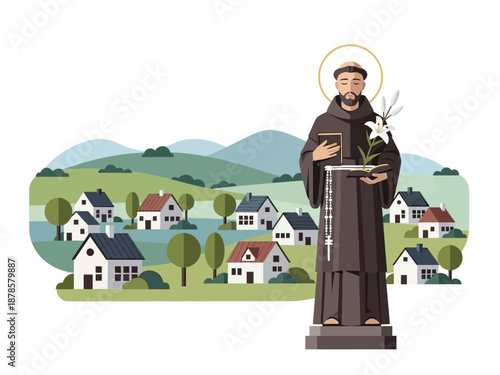 Stylized illustration of Saint Francis holding a lily over a village landscape