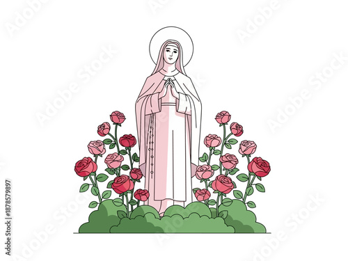Stylized illustration of a veiled female figure with a halo standing among roses