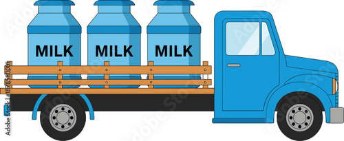 Milk delivery truck illustration, dairy transport vehicle, fresh milk bottles, logistics concept, food distribution vector, isolated on white background design