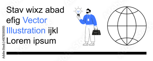 Business innovation, global ideas, problem-solving, modern leadership, creative solutions, global teamwork. Person holding lightbulb with globe sphere. Business innovation and global ideas concepts