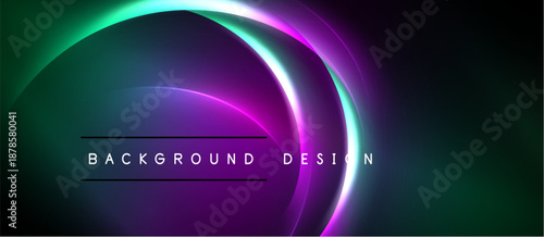 Abstract design features glowing curves, vibrant colors. Dark background enhances luminosity, creating dynamic visual effect. Text reads background design.