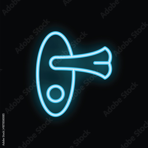 Blue neon sign illuminating a door handle on a black background