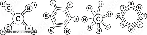 Set of four organic chemistry molecule structures including benzene ring and hydrocarbon skeletal formulas in black outline vector style
