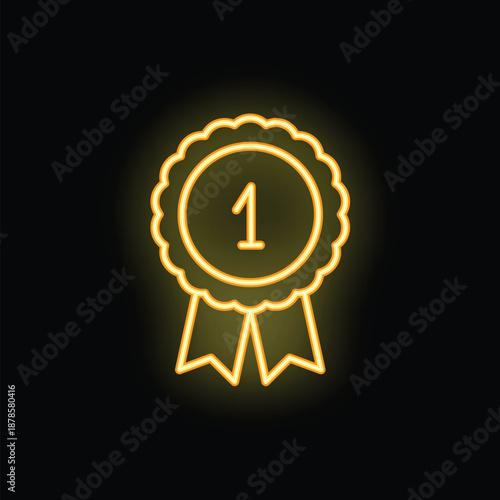 Bright yellow neon icon of a first place award ribbon with the number one, glowing on a dark background