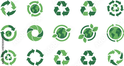 Green Recycling and Eco Earth Circular Arrow Icons Set Showing Sustainability, Loop, and Environmental Protection Vector Illustration