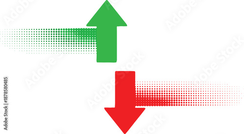 Set of green up and red down arrows with halftone dot gradients, increase and decrease indicators vector illustration for data design.