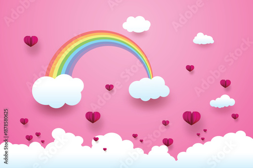Cute Rainbow with Hearts and Clouds ,  Valentine's day , paper art style