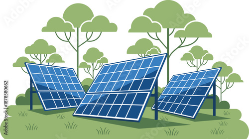 Solar panels farm illustration, renewable energy power plant, green electricity generation, eco friendly technology concept, sustainable environment clean energy vector