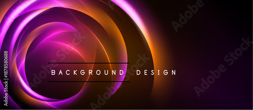 Abstract neon circles, vibrant purple, orange hues. Dark background creates dramatic visual effect. Modern design element.
