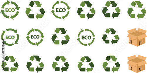 Green Recycling and Eco Arrow Icons Set with Circular Symbols and Cardboard Packaging Boxes Vector Illustration