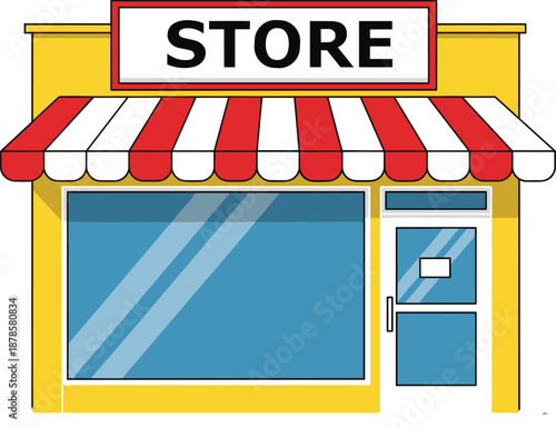 Storefront shop illustration, small business retail facade, colorful market building exterior, shopping store front design, local commerce vector, isolated background