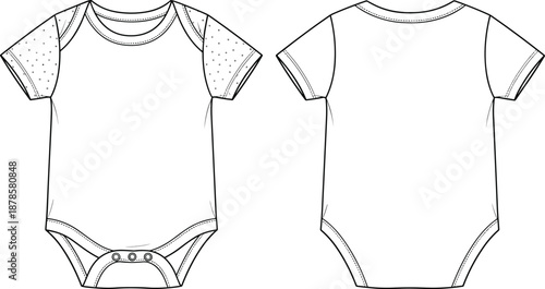 Baby bodysuit technical fashion sketch front and back view, newborn romper onesie apparel design template vector illustration