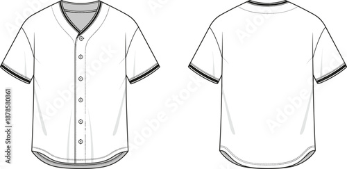 Baseball Jersey Mockup Template Front and Back View, Button Up Sports Shirt Line Art Vector Illustration for Apparel Design