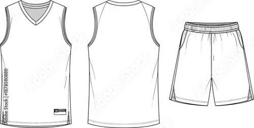 Basketball Jersey and Shorts Mockup Template Front and Back View, Blank Sports Uniform Line Art Vector Illustration