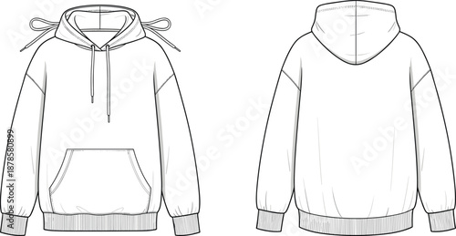 Blank hoodie sweatshirt template front and back view, pullover hood with drawstrings, kangaroo pocket outline vector mockup