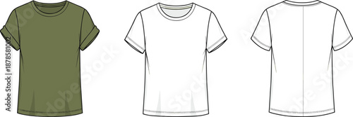 Classic t shirt fashion illustration set showing green rolled sleeve top and white front back views, clean apparel design template