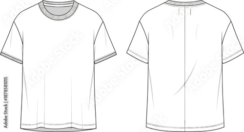 Blank white t shirt technical fashion sketch showing front and back views, clean apparel template for clothing design and production
